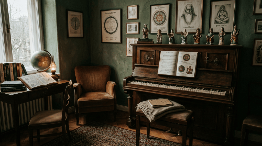 Vintage study with piano, esoteric books, figurines, and framed artwork
